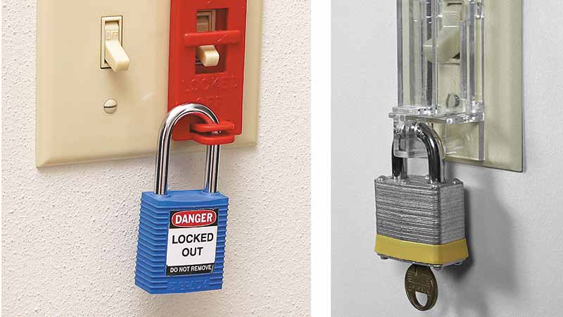 An image of a padlock with a red 'Danger: Locked Out' label attached, effectively securing a light switch to prevent it from being flipped.